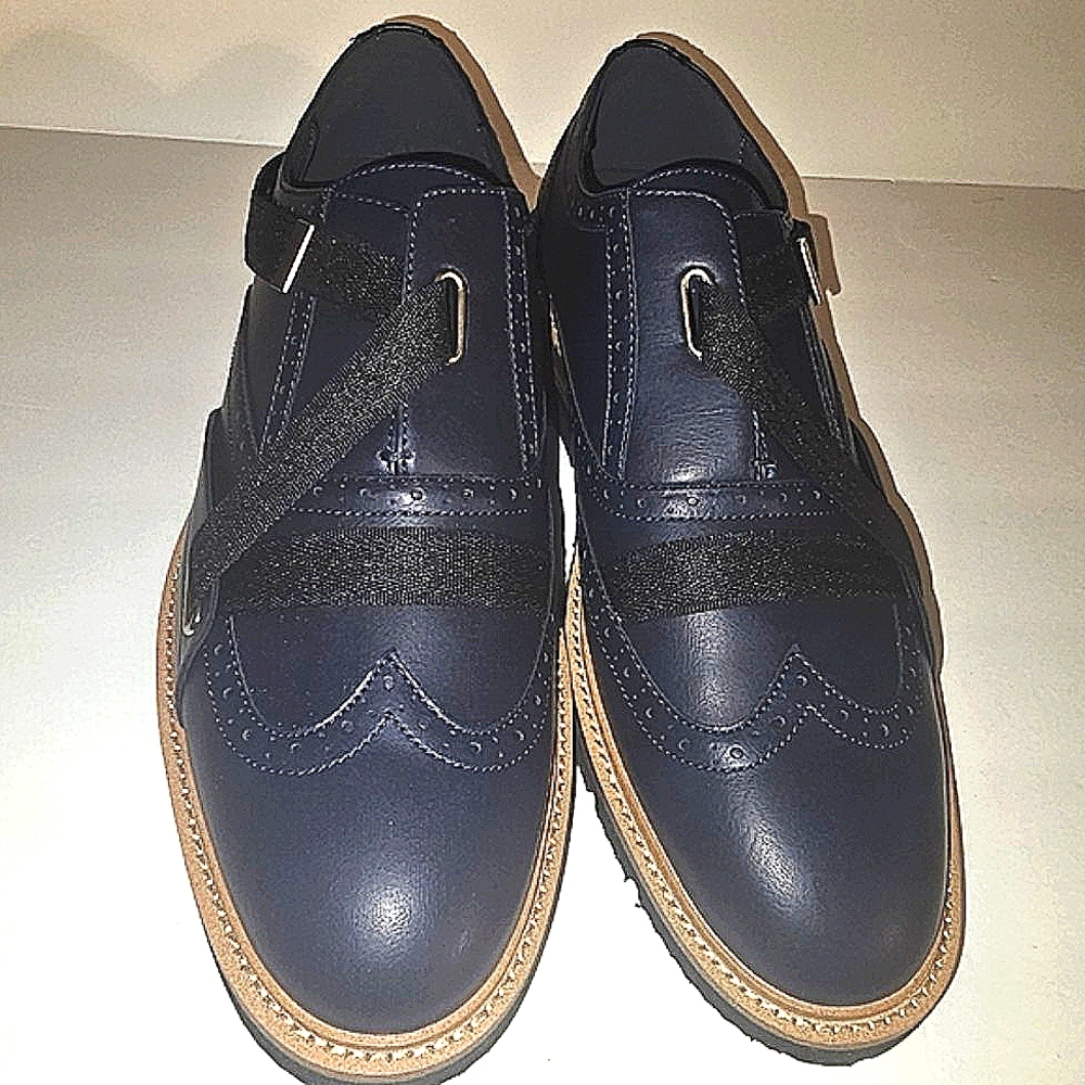 Mens Navy/Black Wingtip Oxford Dress Shoe with Black Strap closure J75 WICK 12